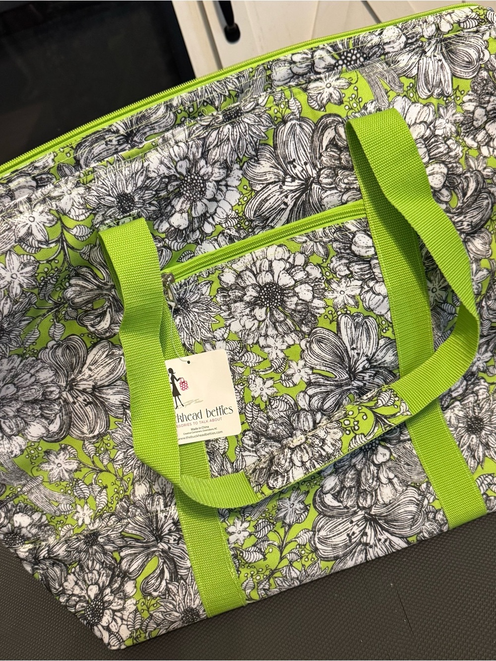Lime Green Floral Tote cooler bag with Front Zip Pocket